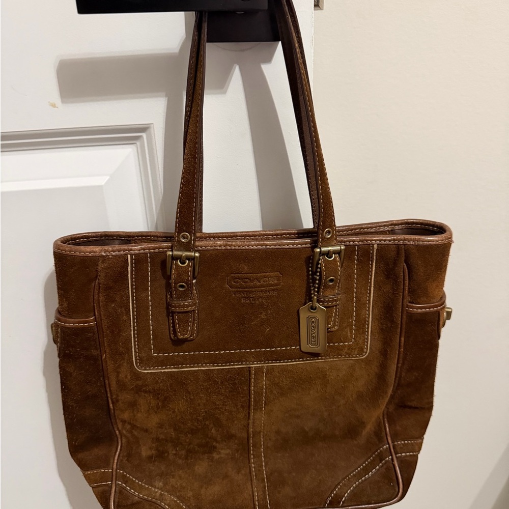 Vintage Coach Brown Suede Tote with Brass Hardware